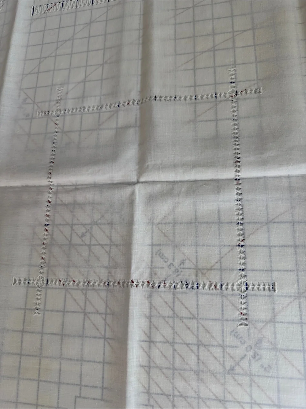 Vintage White Linen Madeira Style Table Topper 34 x 32 Drawn Thread Cutwork